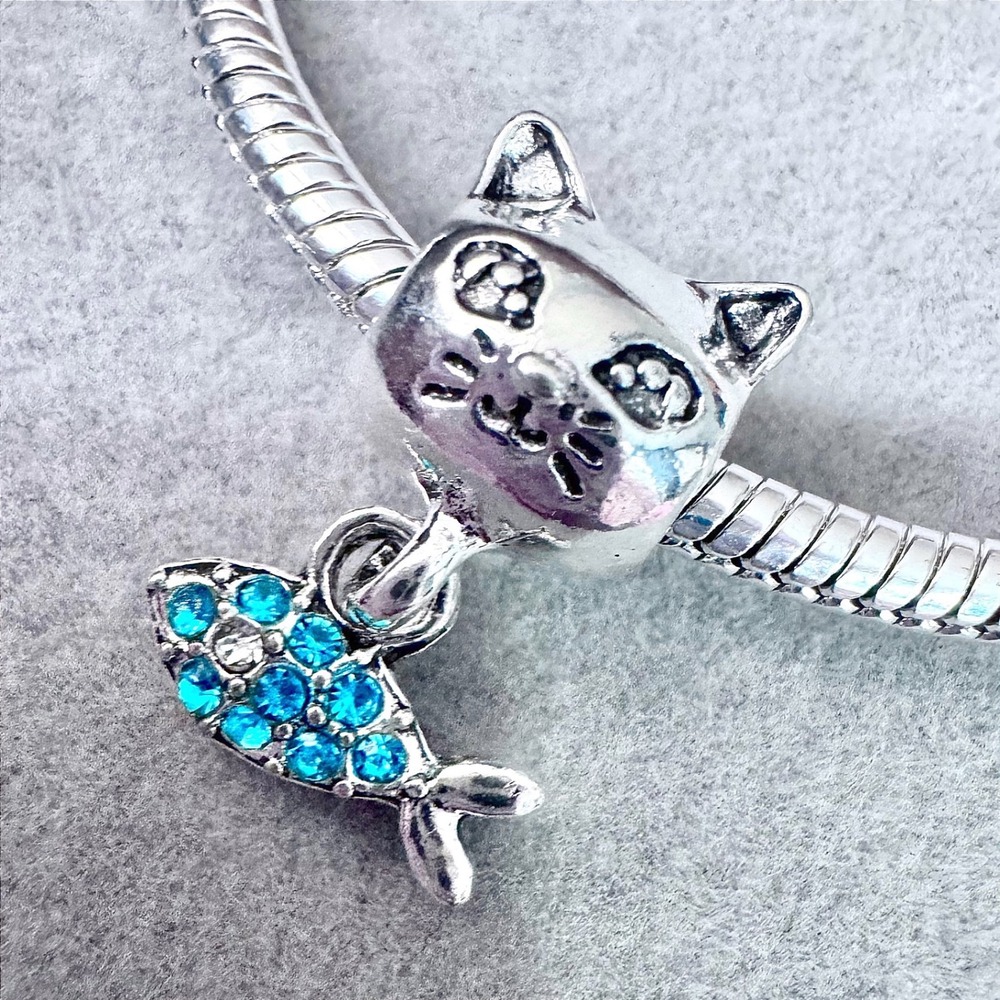 Silver Cat Blue Fish Dangle Charm fits PANDORA‎